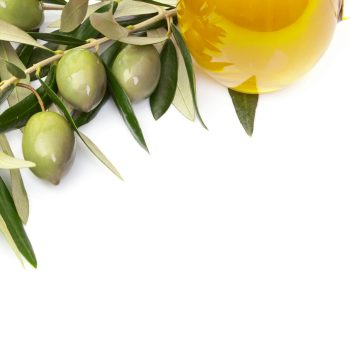 Olives and a bottle of olive oil