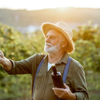 Senior winemaker tasting wine on the vineyard